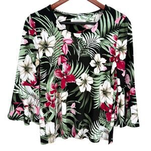 Allison Daley Sz Small Black Green Tropical Floral Stretchy Blouse Shirt Top